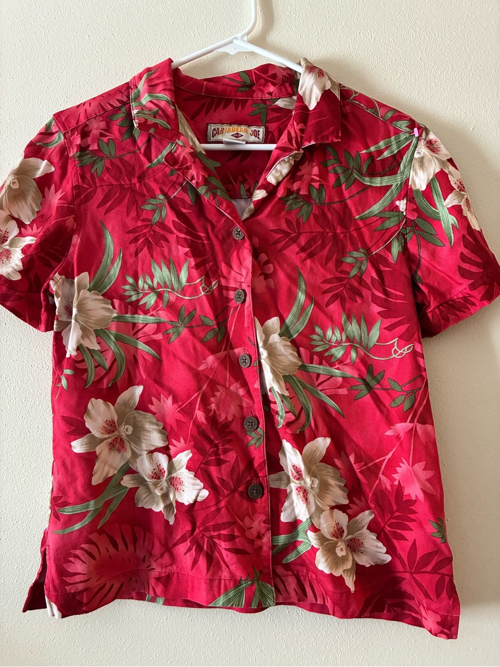 Caribbean Red Floral Hawaiian Shirt with Green Leaves